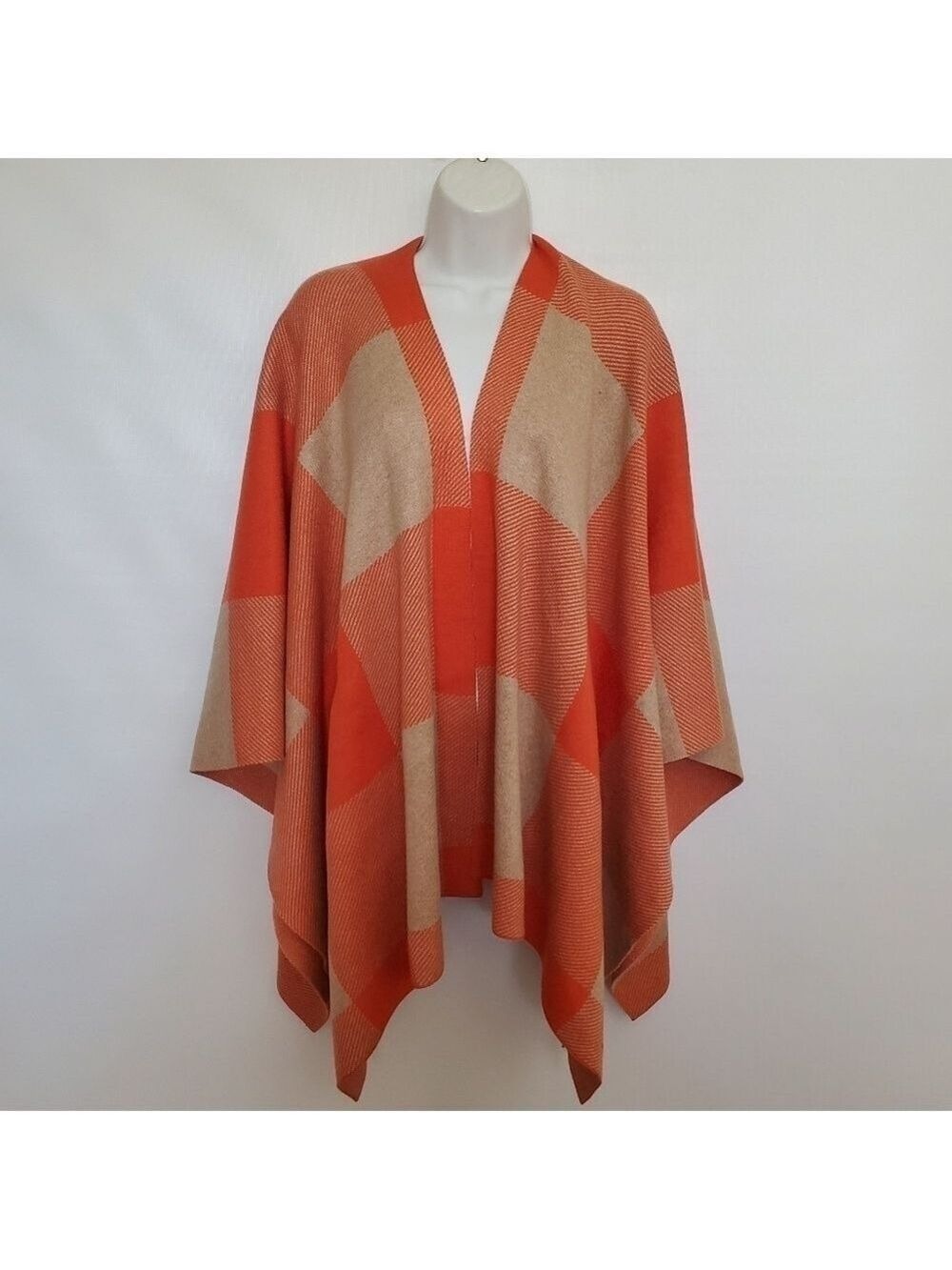 TALBOTS PLAID SHAWL WRAP ORANGE TAN BOHO FALL FESTIVE COZY SOFT WOMENS ( OS )